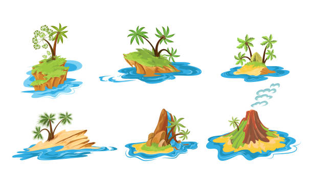 ilustraciones, imágenes clip art, dibujos animados e iconos de stock de conjunto de diferentes escenas de islas con cabañas, árboles tropicales, montañas, volcán e ilustración vectorial de cascada. - island group