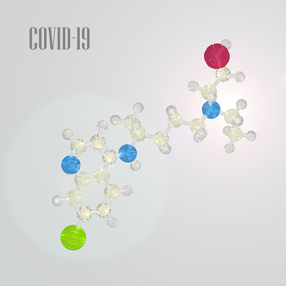 Computer-rendered drug molecule hydroxychloroquine, which showed efficacy to treat COVID-19 patients and was mentioned by President Trump at White House briefing. Color symbols - red=oxygen, blue=nitrogen, white=hydrogen, green-chlorine.