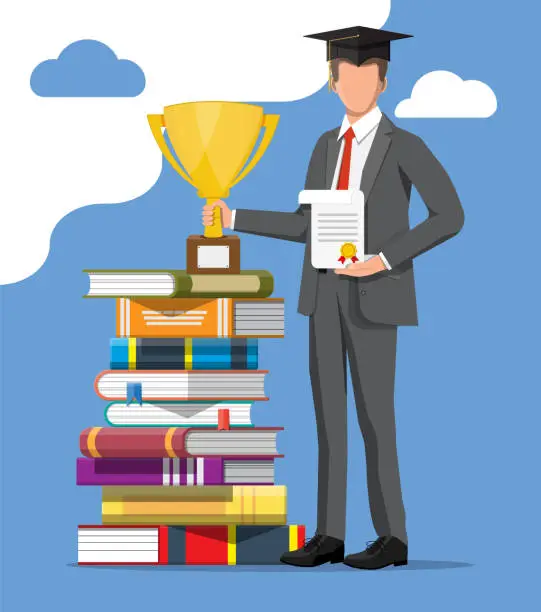 Vector illustration of Businessman and stack of books.