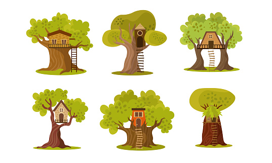 Collection set of cute small tree houses built in the branches of a tree for children to play in. Isolated icons set illustration on a white background in cartoon style.
