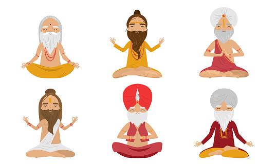 Collection set of meditating yogi sages men characters in the lotus position. Swami meditating concept. Isolated icons set illustration on a white background in cartoon style.