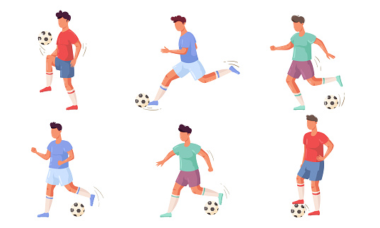 Collection set of football or soccer player characters in colorful uniform playing, kicking, training and practicing football. Isolated icons set illustration on a white background in cartoon style.