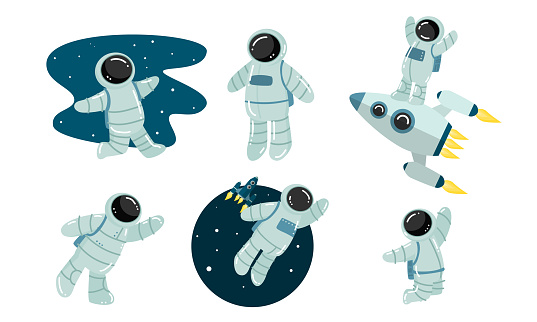 Collection set of astronaut discovering outer space. Spaceman with starship concept. Isolated icons set illustration on a white background in cartoon style.