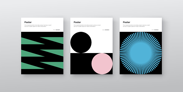 Bauhaus inspired graphic design of vector poster mockup collection created with vector abstract elements, lines and bold geometric shapes, useful for poster art, front page design, decorative prints.