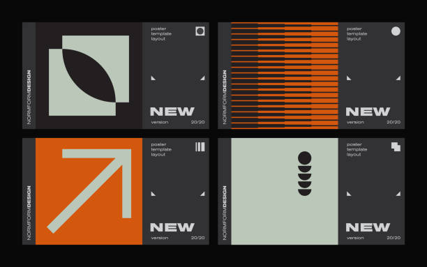 New Modernism Vector Poster Template Design New modernism aesthetics in vector poster design cards. Brutalism inspired graphics in web template layouts made with abstract geometric shapes, useful for poster art, website headers, digital prints. swiss culture stock illustrations