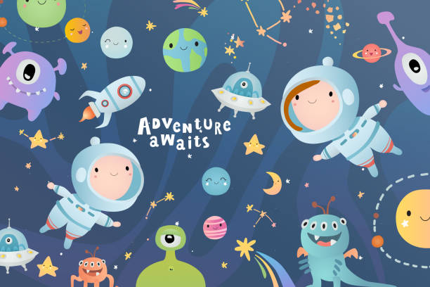 ilustraciones, imágenes clip art, dibujos animados e iconos de stock de diseño de tarjetas de vacaciones. baby shower. pequeños astronautas, niño y niña, flotando en el espacio abierto, entre estrellas, planetas, monstruos divertidos y cometas. - equipment group of objects space moon