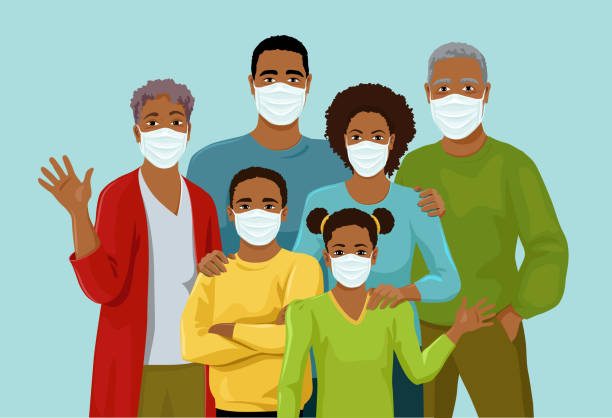 큰 아프리카 계 미국인 가족 착용 의학 마스크 - 질병 예방 일러스트 stock illustrations