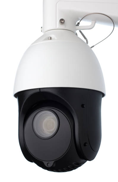 istock cctv camera video security isolated on white background. PTZ camera with space on white background 1214423431