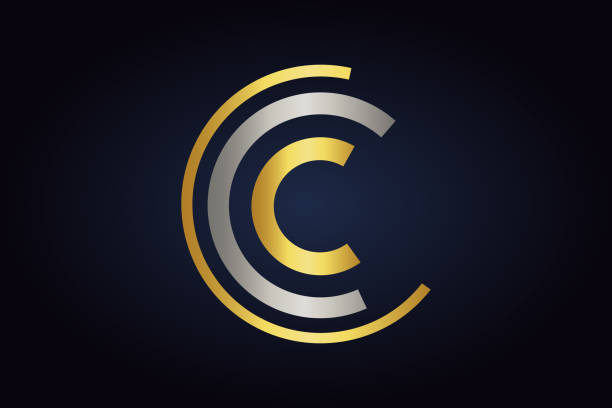 Three Letters C vector logo in silver and gold colors isolated on dark background. Unfinished circle logo. Letter C minimalistic monogram. semi circle stock illustrations