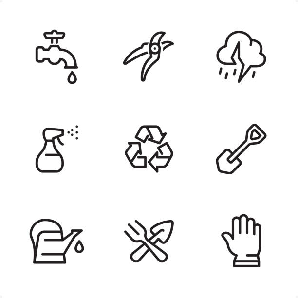 gartenarbeit - single line icons - gardening equipment trowel gardening fork isolated stock-grafiken, -clipart, -cartoons und -symbole