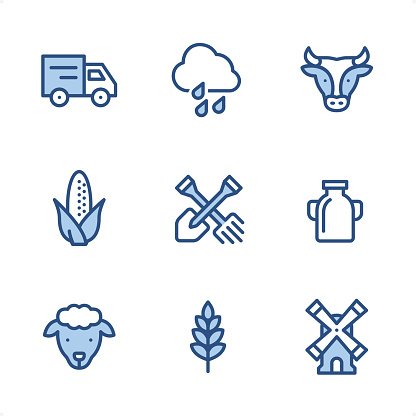 Agriculture icons set #65
Specification: 9 icons, 48x48 pх, blue stroke weight 2 px.
Features: Pixel Perfect, Single line, Color-filled parts.

First row of icons contains:
Truck, Rain, Cow;

Second row contains:
Corn - Crop, Crossed Shovel and Rake, Milk Bottle;

Third row contains:
Sheep, Wheat, Windmill.

Complete Ninico Blue collection - https://www.istockphoto.com/collaboration/boards/KZ1_tG41mEa7_qCGyBYMqA