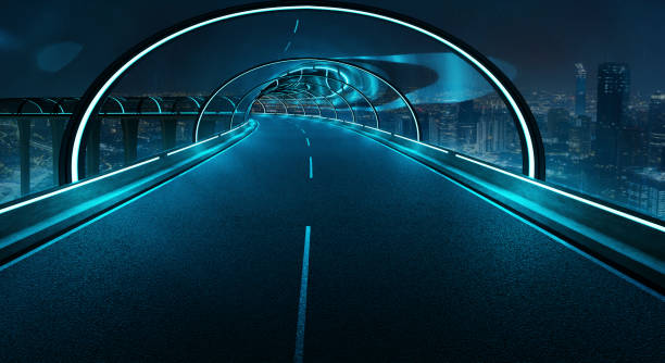 Futuristic design tunnel road Futuristic neon light and glass facade design of tunnel flyover road with night cityscape background . Mixed media . car street blue night stock pictures, royalty-free photos & images