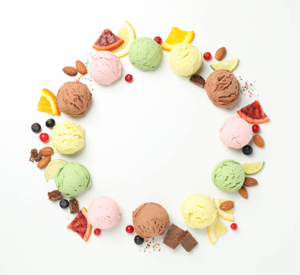 istock Ice cream balls and ingredients on white background, space for text 1214427672