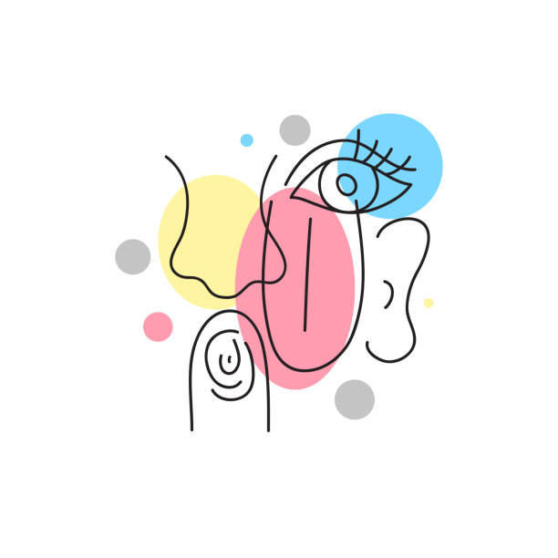 Poster with sensory organs Abstract color poster with sensory organs, sight, touch, sense of smell, taste, hearing. Line modern illustration with nose, eye, ear, tongue. Vector sketch visual sense stock illustrations