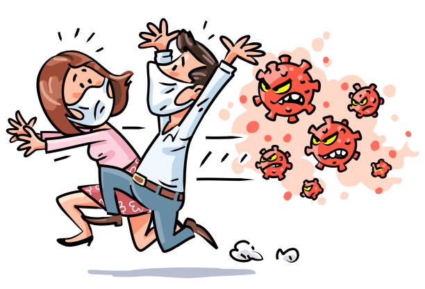 Homem e mulher fugindo de um vírus. Ilustração vetorial de um homem e uma mulher com máscaras médicas fugindo de um vírus perigoso, isolado em branco. Conceito para infecções virais, vírus da gripe, crise de saúde, microrganismos, infecção, doença, coronavírus, COVID-19, histeria, epidemia e pânico. Ilustrações engraçadas de bactérias.