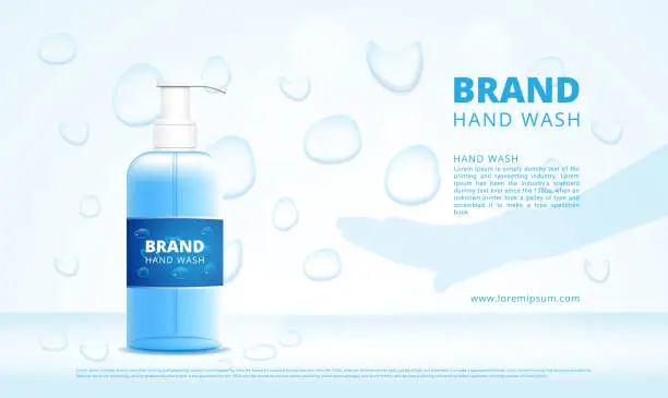 Vector illustration of Hand wash gel bottles advertising with dropper and hand silhouette