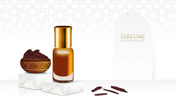 Vector illustration of Perfume agarwood with isolate bottle and islamic pattern illustration