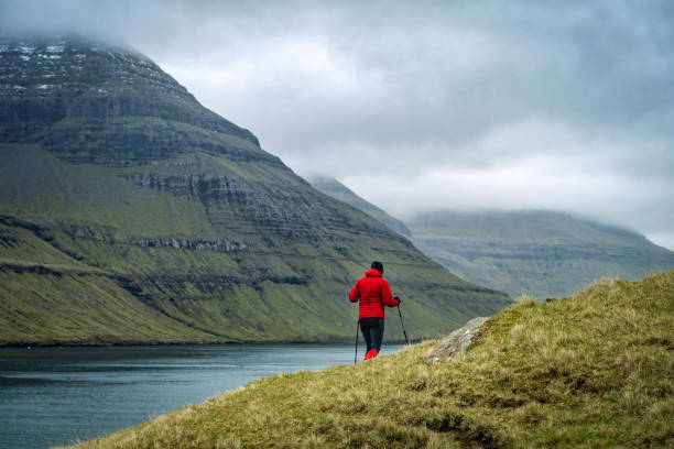 Hiking in Faroe Islands. stock photo