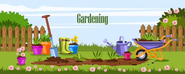 Gardening concept with tools Summer gardening banner with wheelbarrow, pots, fence, blooming bushes, shovel, watering can and flowers. Backyard concept with garden equipment in cartoon style. Hobby background with copy space. backyard background stock illustrations