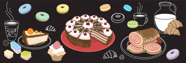 Vector illustration of Horizontal set of desserts and pastries, symbolizing a coffee shop