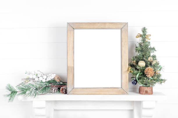 istock Wooden frame on a light background with a Christmas tree 1214434108