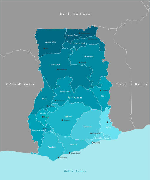 벡터 현대 그림입니다. 가나 및 이웃 국가와의 국경의 단순화 된 관리지도. 기니 만의 파란색 배경입니다. 가나 지역과 이 수도의 이름 - ghana stock illustrations