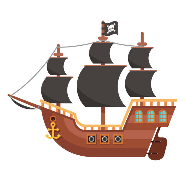 illustrazioni stock, clip art, cartoni animati e icone di tendenza di cane da mare buccaneer pirata in legno ostruzionismo corsaro mare veliero isolato su illustrazione vettoriale di design piatto bianco - buccaneer