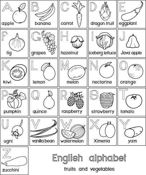  Ilustración de Página Para Colorear Alfabeto Inglés Con Frutas Y Verduras Para La Educación Infantil y más Vectores Libres de Derechos de Fruta