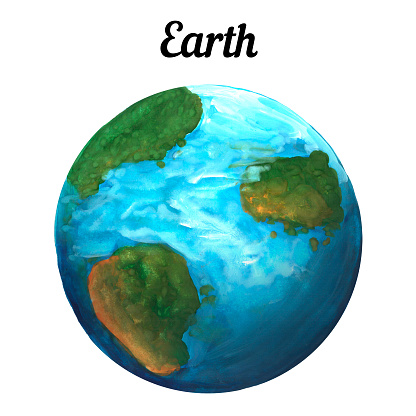 freehand drawing planet Earth with living materials, blue-green planet Earth on a white background