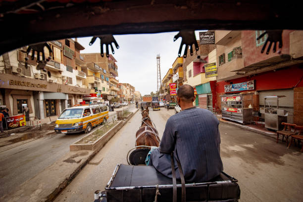 daily life on the streets of edfu town in egypt, seen from the view of a taxi carriage - desert egyptian culture village town imagens e fotografias de stock