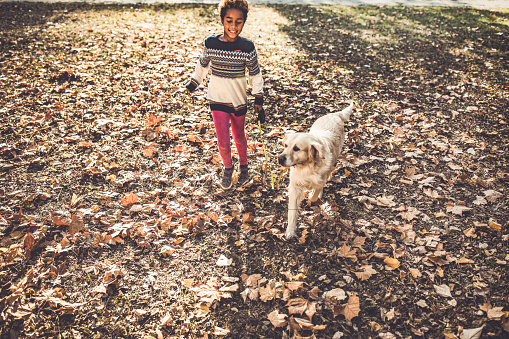 Happy black girl having fun with her dog in autumn day at the park. Copy space.