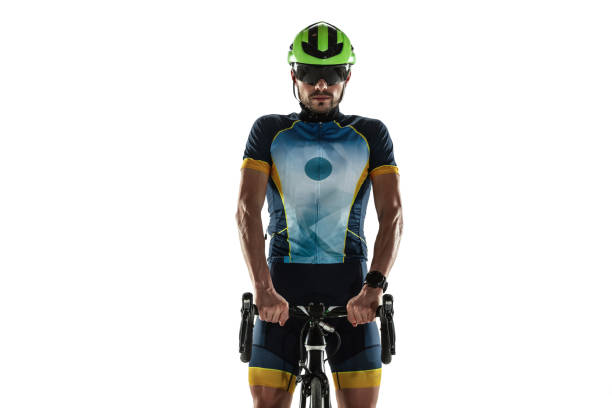 istock Triathlon male athlete cycle training isolated on white studio background 1214442383