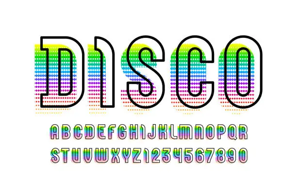 Vector illustration of Disco font sans serif, bright alphabet, capital Latin letters from A to Z and Arab numbers from 0 to 9 for you designs, vector illustration 10EPS