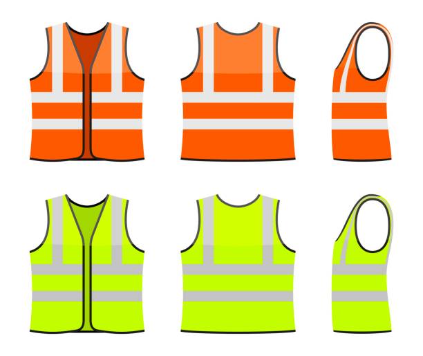 illustrazioni stock, clip art, cartoni animati e icone di tendenza di set di giubbotti di sicurezza arancioni e gialli isolati su sfondo bianco. abbigliamento di sicurezza con strisce riflettenti. vista frontale, posteriore e laterale. icona dell'uniforme sicura per i lavoratori. illustrazione vettoriale - safety yellow road striped