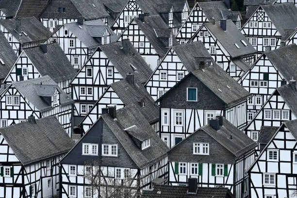 Idyllic image of famous black and white halftimbered houses of Freudenberg, North Rhine-Westphalia, Germany