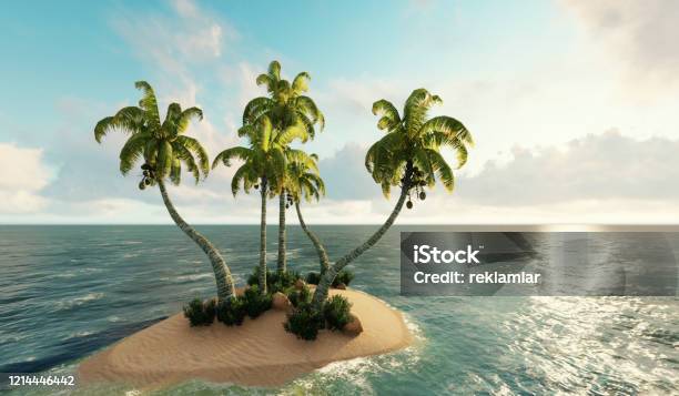 Island Small Island In Ocean 3d Render Stock Photo - Download Image Now - Island, Beach, Three Dimensional