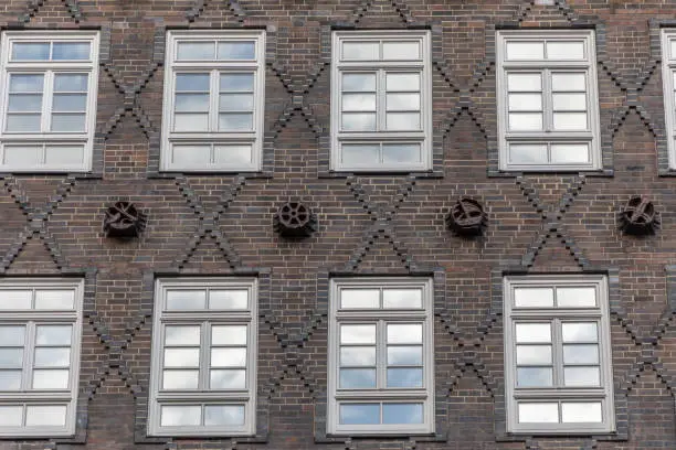 Details of windows and brick wall in Kontorhaus (=office) District, Hamburg, Germany. A Unesco World Heritage Site