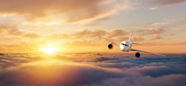 istock Commercial airplane flying over dramatic sunset 1214449261