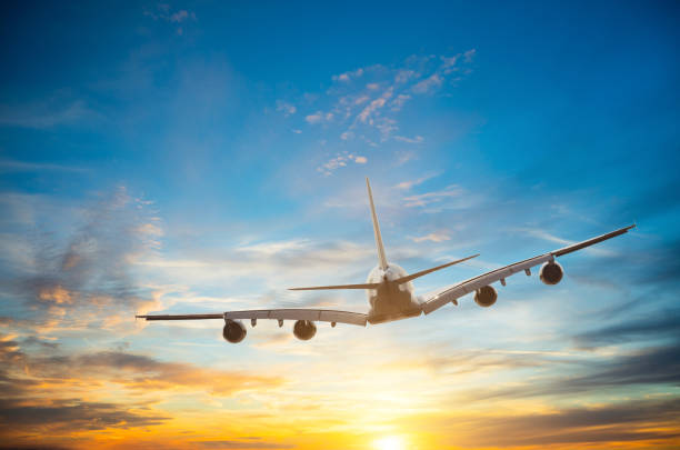 istock Passengers commercial airplane flying in sunset 1214449796