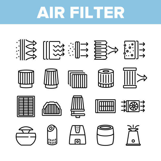 Air Filter And Airflow Collection Icons Set Vector Air Filter And Airflow Collection Icons Set Vector. Car And Conditioner Air Filter Equipment, Domestic Device For Filtration Concept Linear Pictograms. Monochrome Contour Illustrations filtration stock illustrations