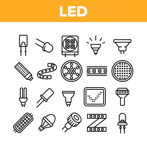 Led Lamp Equipment Collection Icons Set Vector Led Lamp Equipment Collection Icons Set Vector. Led Technology Light Device, Lighting Tape And Lightbulb, Screen And Diode Concept Linear Pictograms. Monochrome Contour Illustrations led light stock illustrations