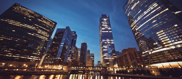 istock panoramic view of Chicago skyline by night 1214455021