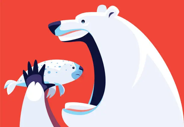 Vector illustration of polar bear going to eat sea lion