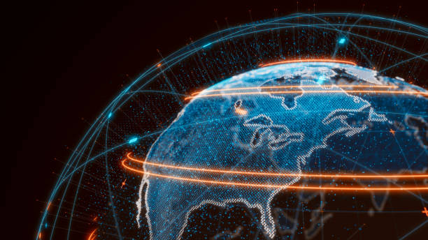 futurystyczne globalne połączenia wokół planety ziemskiej - globe earth speed world map zdjęcia i obrazy z banku zdjęć