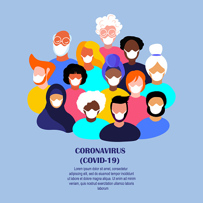 Coronavirus Epidemic Quarantine.Novel COVID 2019-nCoV.Crowd Different People Population,African Young and Old,Pensioners Man,Women in Medical Face Masks. Disinfection Measures.Flat Vector illustration