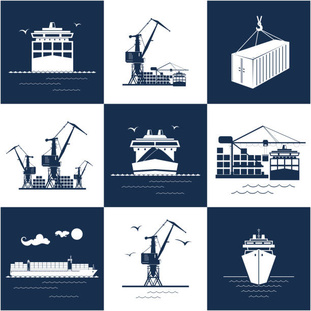 zestaw ikon ładunków morskich - coal crane transportation cargo container stock illustrations
