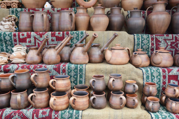 istock Ceramic cezves, cups and mugs. Turkish coffee cups and Turkish coffee pots. 1214462318