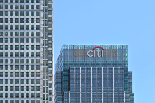 London, United Kingdom - February 03, 2019: Sun shines on Citi EMEA headquarters at Canary Wharf. Citibank (Citigroup Inc.) is American investment bank founded 1988.