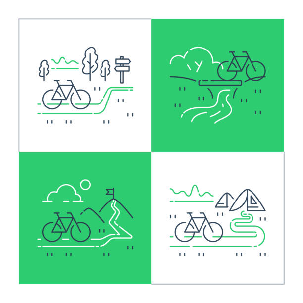 Outdoor cycling and camping concept, riding bicycle trip, nature tourism, summer tour, forest and mountain trail Outdoor cycling and camping concept, riding bicycle trip, nature tourism, summer tour, forest and mountain trail, ecological path, vector line illustration bicycle symbols stock illustrations