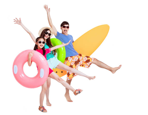 夏休みのコンセプトを持つ幸せな家族と白で孤立 - celebration inflatable excitement concepts ストックフォトと画像